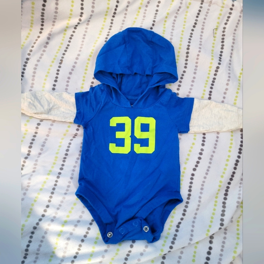 Blue Hooded Baby Onesie with Number 39